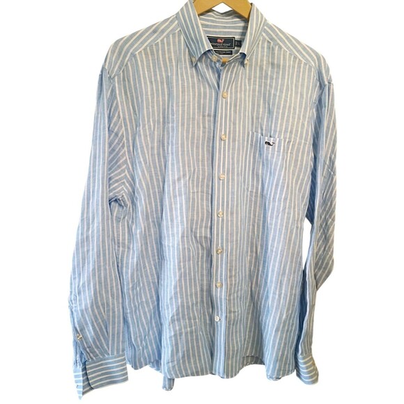 Vineyard Vines Mens Tucker Shirt  Large Blue Striped 100%  Linen Fit Classic - Picture 1 of 3